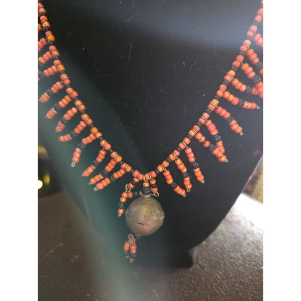 Collectible Stunning Necklace Orange/Red & Black Beads Metal Ball Pendant